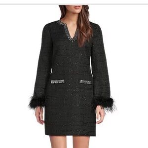 NWT Karl Lagerfeld Black Tweed Mini Dress with Feather Cuffs